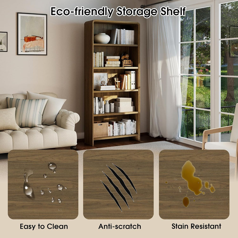 Bevfint 71" Bookcase Tall 5 Shelves Wood Bookshelf with Curved Soft Edge...