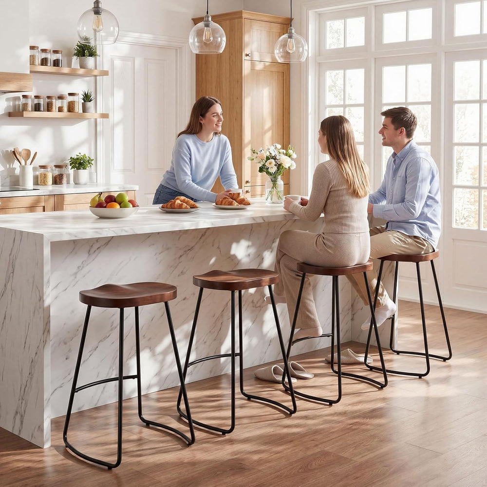 Bar Stools Set of 2, 24'' Counter Height Rustic Wooden Saddle Seat Wa...