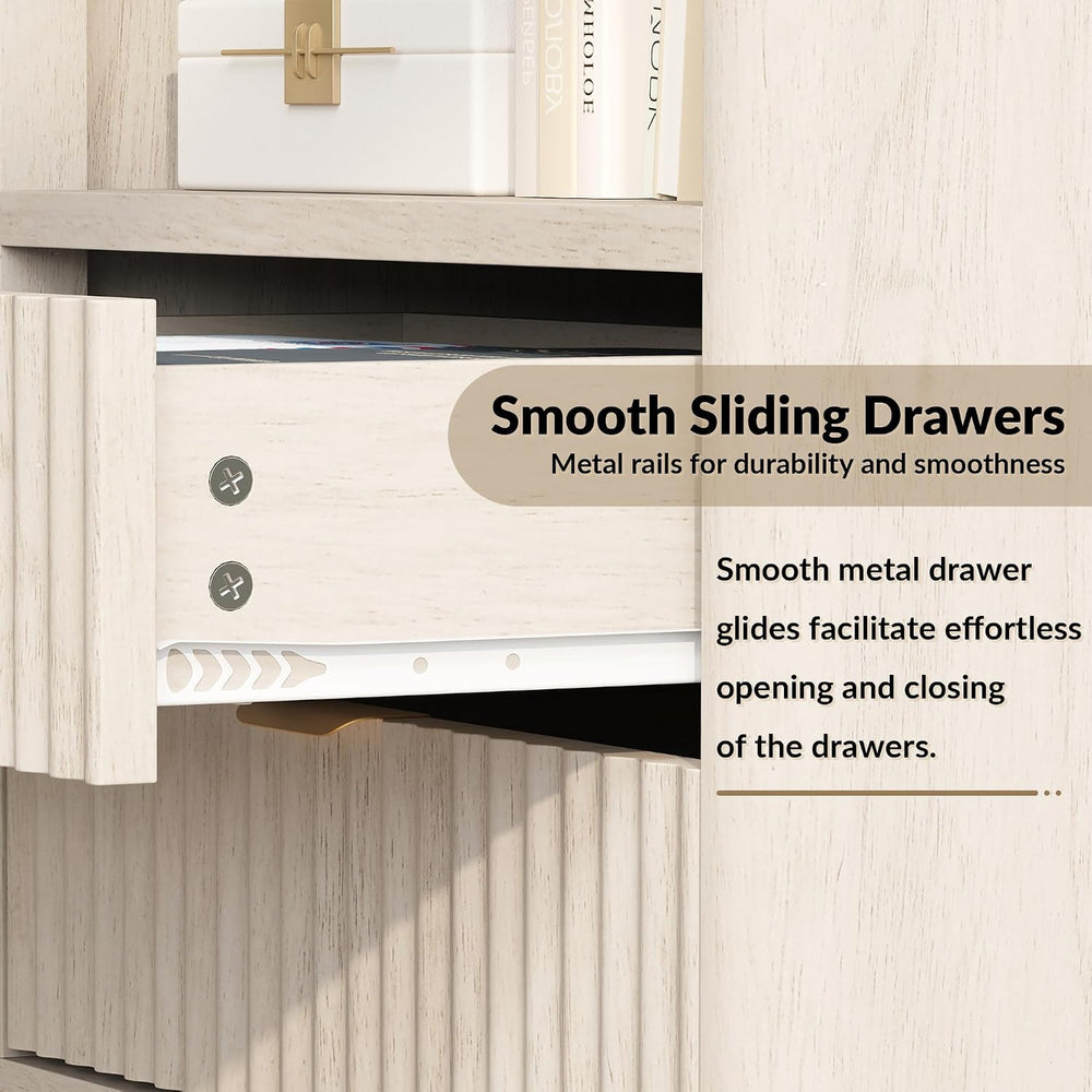 ROCSUMOO Fluted Nightstands Set of 2, Large Nightstand with Drawers and Stora...