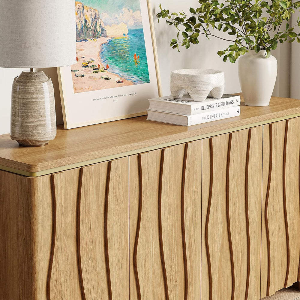 Vabches Fluted Buffet Cabinet with Storage, 3D Ripple Pattern Doors and Curve...