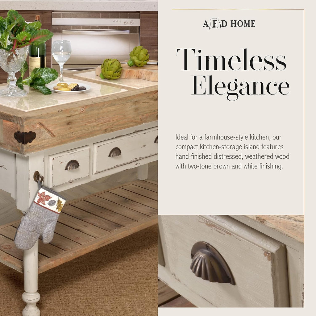 Marble-Top 3-Drawer Kitchen Island with Towel Holder on Side, Chalk White, 62.5 x 27.5 x 41 Inches