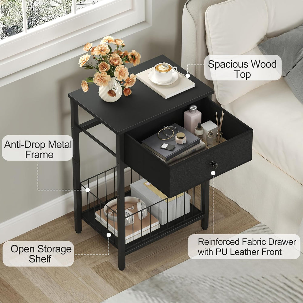 Small nightstand, Bed Side Tables Bedroom, Black Side Table, end Table with D...