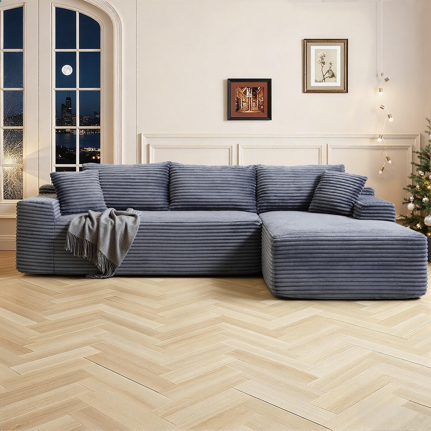 Cloud Sectional Couch, 108 Inch Modern Modular Sectional Sofa with Deep Seat, Corduroy Boneless Couches with L-Shape Right Chaise for Living Room Bedroom, No Assembly Required(Grey)
