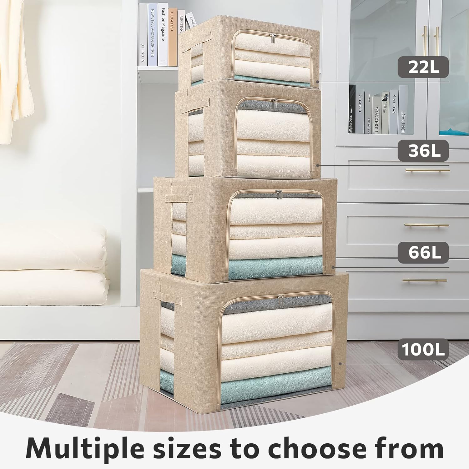 FHSQX 2 Pack Clear Window Storage Bins - Large Stackable Linen Fabric Storage for Clothes Foldable Container Organizer Set with Carrying Handles (Beige, 19.7x 15.7x 12.6 Inch)