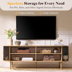 AMERLIFE 70" Mid-Century Modern TV Stand, TV Console Table for TVs up to 80 Inch, Fluted Wood Media Console with Storage, Solid Wood Legs, Natural Oak