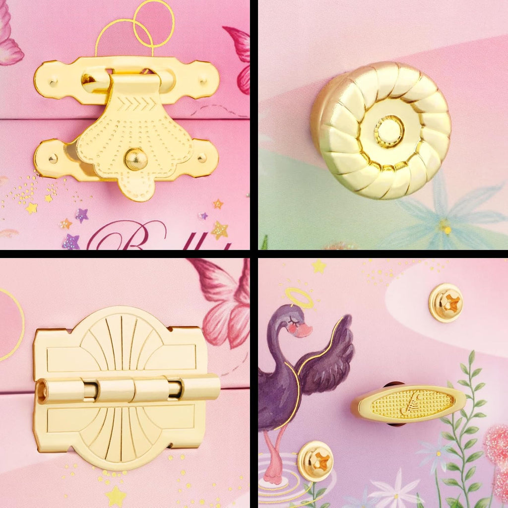 A&A Music Jewelry Box for Girls - Ballet Ballerina Theme with Spinning Doll & Swan Lake Melody, Pink Keepsake Box with Velvet Lining & Mirro