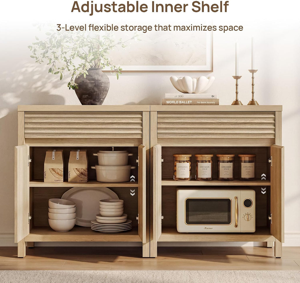 SICOTAS 29" Fluted Buffet Cabinet with Drawer, Modern Storage Cabinet | Elegant Fluted Design, Handle-Free, Adjustable Shelf, 1.38" Thick Panels, Living Room, Kitchen & Entryway, 1 PCS, Light Oak