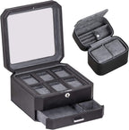 ROTHWELL Gift Set 6 Slot Leather Watch Box and 2 Watch Travel Case - Luxury Case Organizer, Microsuede Liner, Locking Mens Jewelry Watches Holder, Storage Boxes Glass Top (Black/Grey Gift Set)