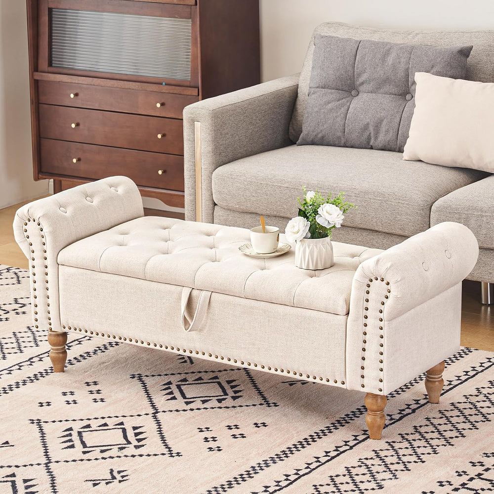 Furniliving 51” Storage Benches, End of Bed Bench with Button-Tufted Large Up...