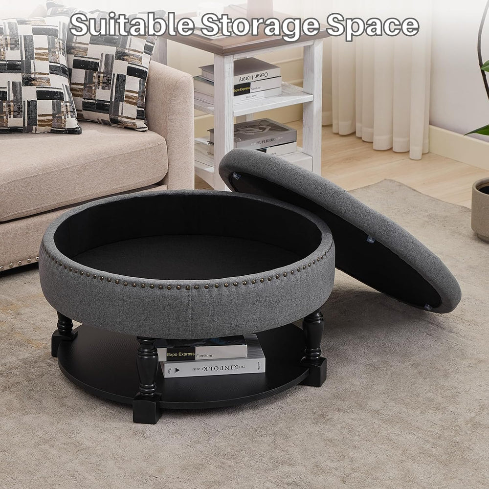 Round Storage Ottoman Coffee Table with Shelf, Fabric Dark Gray | Multi-funct...