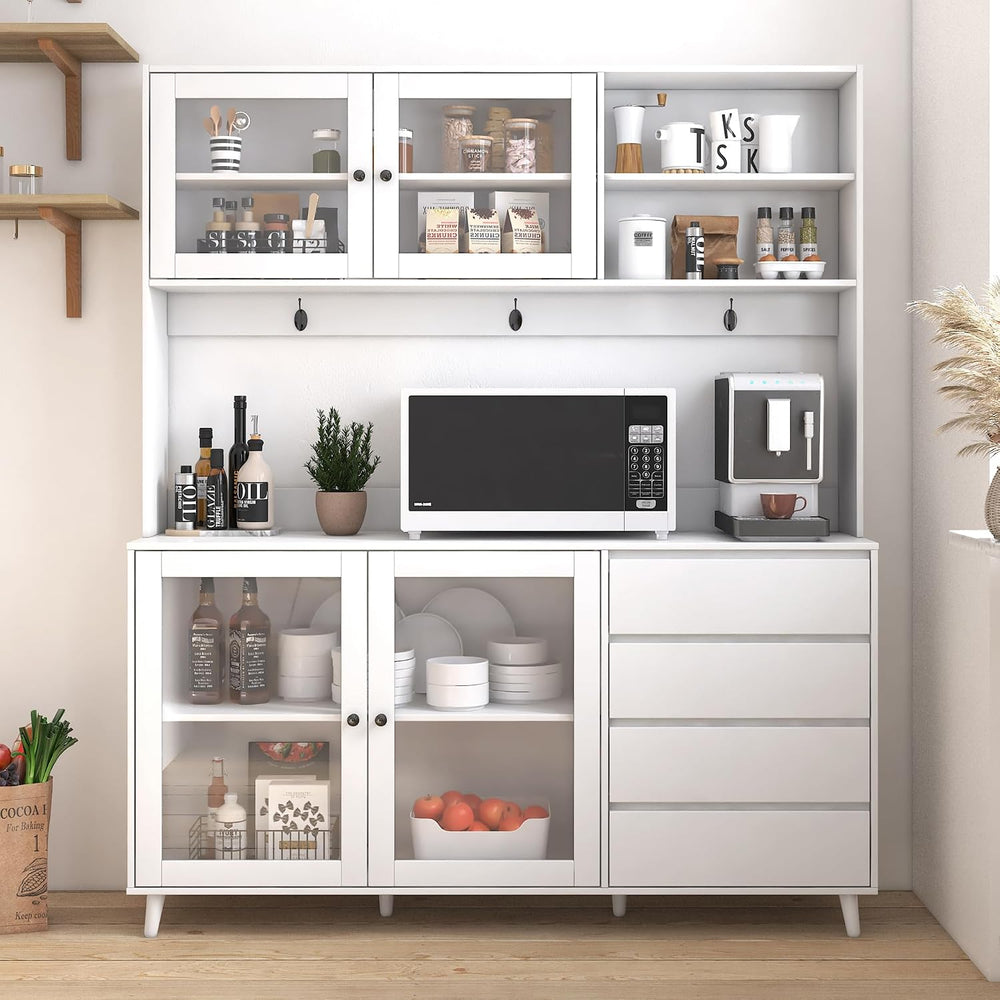 63" Large Kitchen Hutch Cabinet with 4 Doors, 4 Drawers and Microwave Sh...