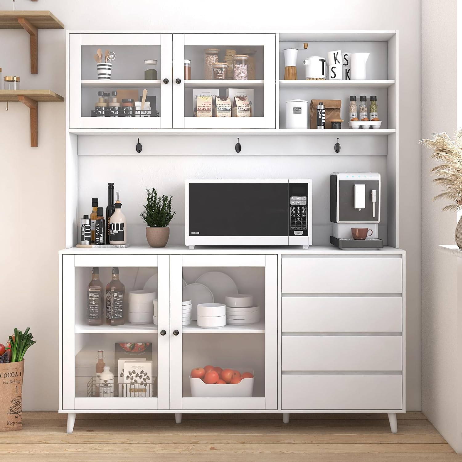 63" Large Kitchen Hutch Cabinet with 4 Doors, 4 Drawers and Microwave Shelf, Farmhouse Pantry Storage Cupboard with Countertop for Kitchen and Dining Room(White)