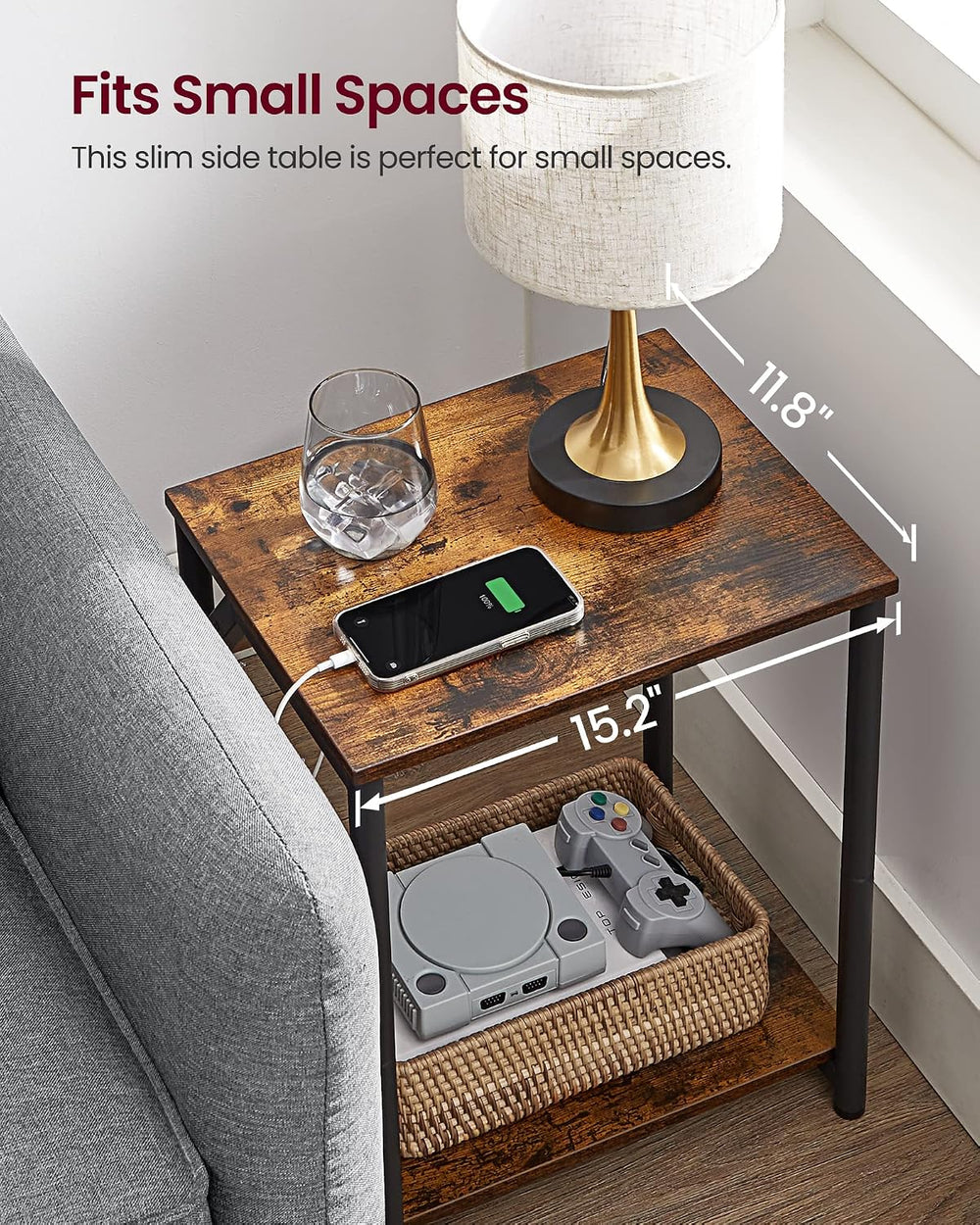 VASAGLE End Table with Charging Station, Set of 2, Small Side Tables