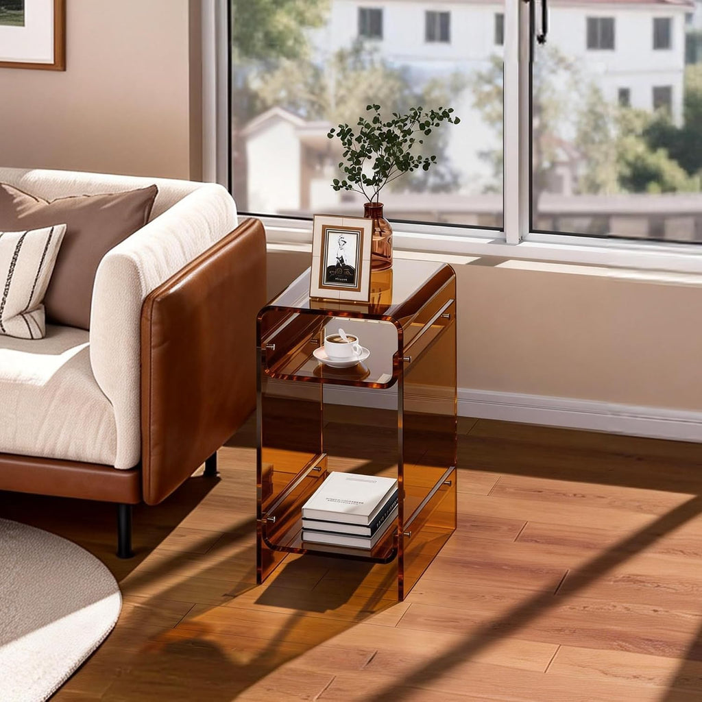 Clear Acrylic Side Table Narrow, Side Table for Small Spaces, Skinny Nightstand/Bedside Table for Bedroom, Slim Small End Table, 8.7'' x 15.7'' x 21.7" (Dark Brown, Wide)