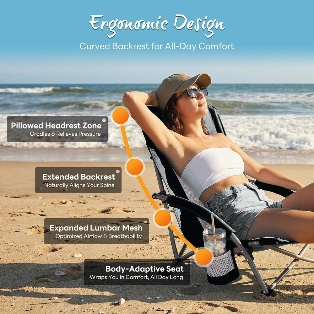 NEWBULIG Folding Camping Beach Chair for Adults, Low Profile Lawn Chair with ...