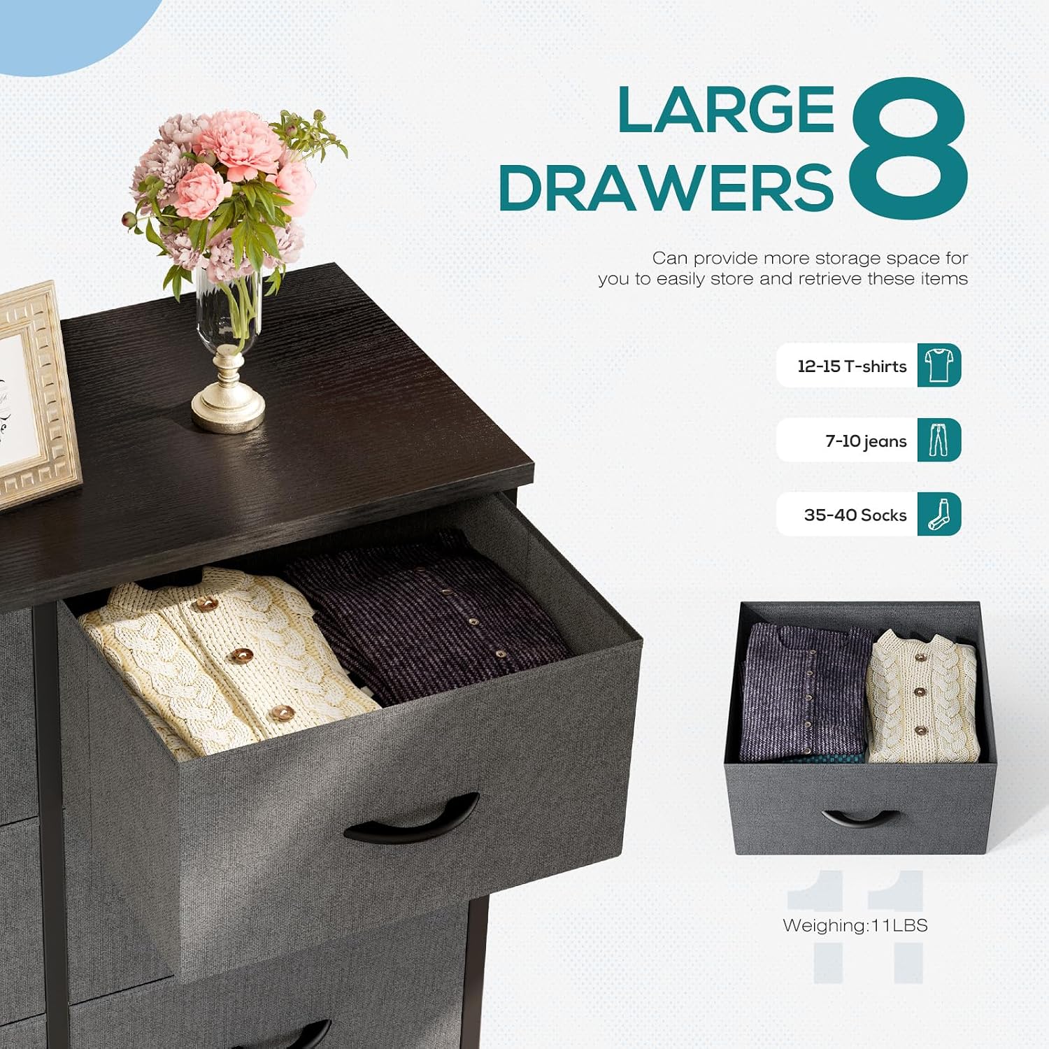 Dresser for Bedroom with 8 Drawers, Anti-Tip Tall Fabric Chests Storage Organizer Tower Furniture with Wooden Top Metal Frame for Clothes, Closet, Living Room, Hallway, Entryway