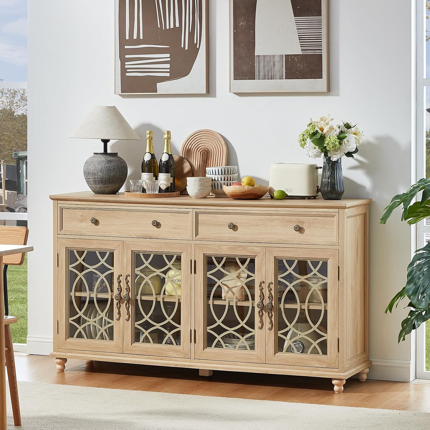 Joaxswe Farmhouse Sideboard Buffet Cabinet with Storage,59" Large Credenza with 4 Glass Doors & 2 Drawers,Adjustable Shelves Console Table,Wood Kitchen Coffee Bar for Dining Room,Living Room,Natural