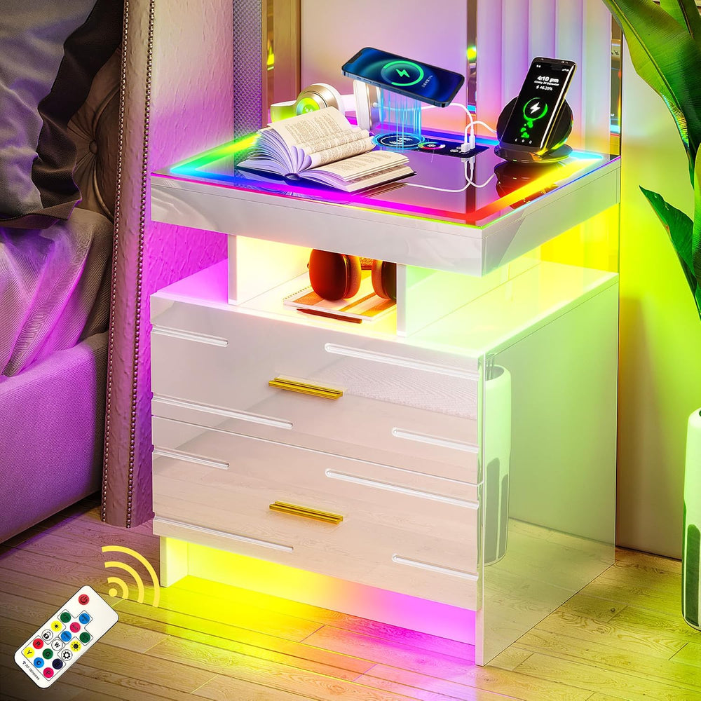 WOOVIVS Smart Nightstand with RGB Lights&Charging Station for Bedroom-White