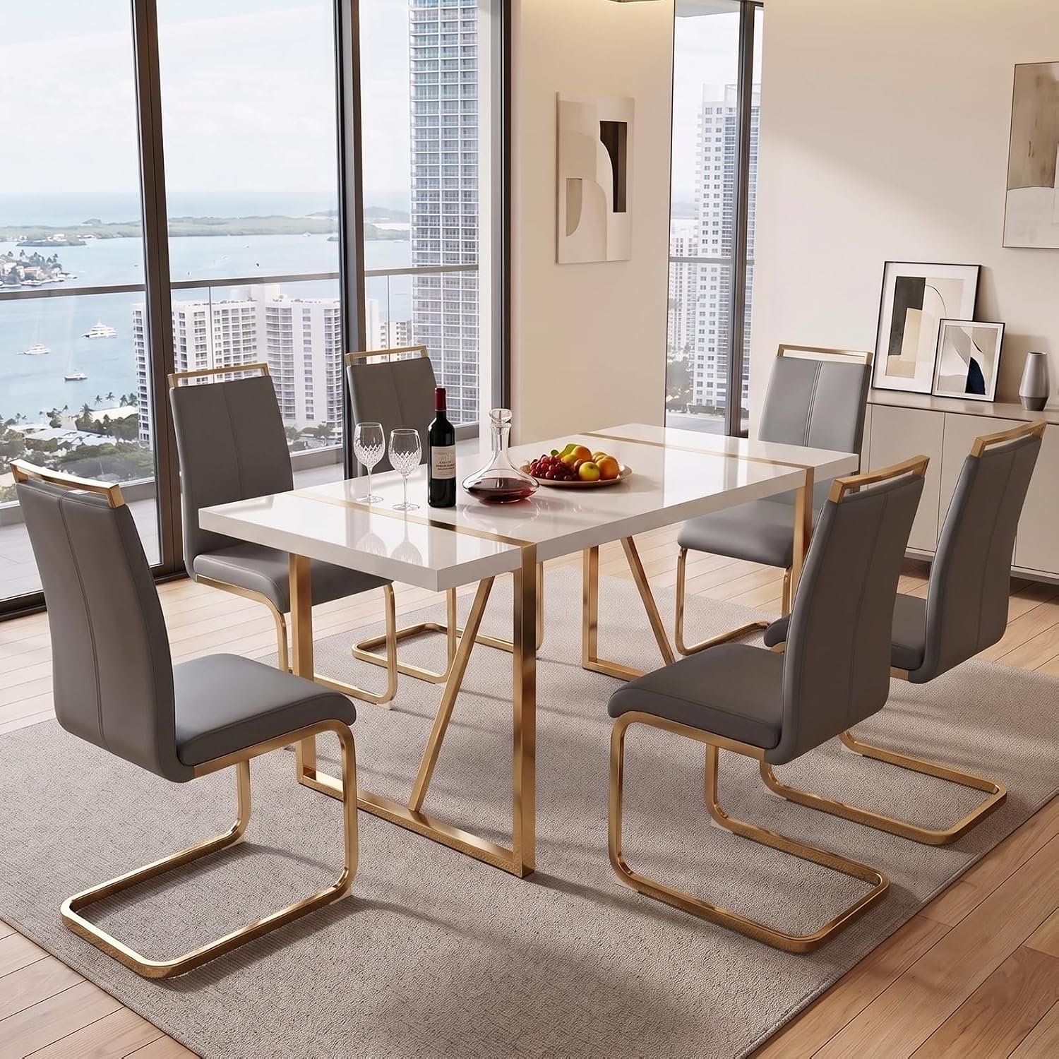 Ebullient 7-Piece White Dining Table Set for 6, Modern Gold Table & Chairs | 55" White MDF Table, 6 Padded Faux Leather Chairs, Gold Frames, 1.57" Thick Top, Reinforced Base, Easy-Clean, Easy Assembly