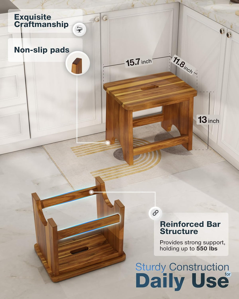 FANATU 13" Wooden Step Stool for Adults, Non-Slip One Step Stool for Adu...