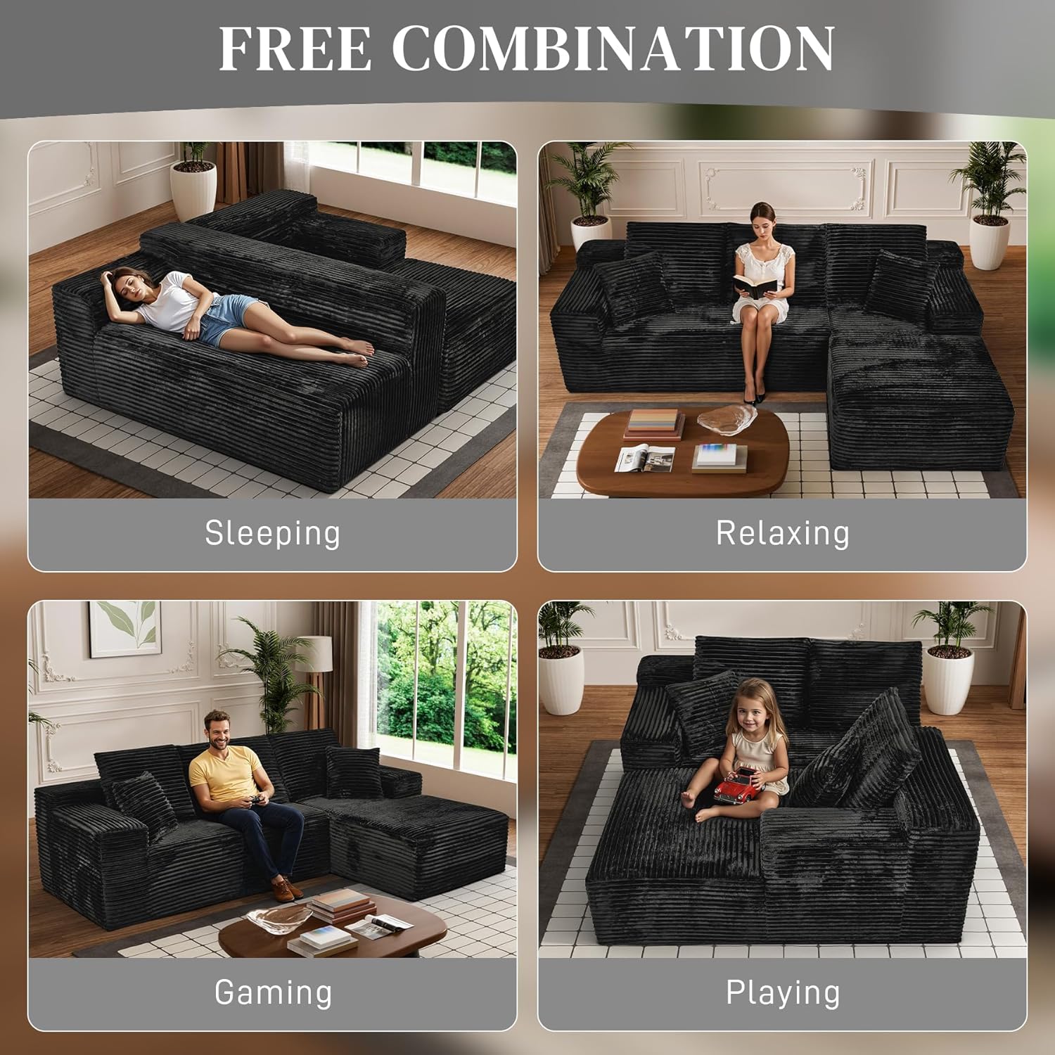 108" Boneless Couches for Living Room, L Shaped Comfy Cloud Modular Sectional Memory Foam Deep Seat Boneless Couch, No Assembly Required Boneless Sofa for Living Room with Right Facing Chaise, Black