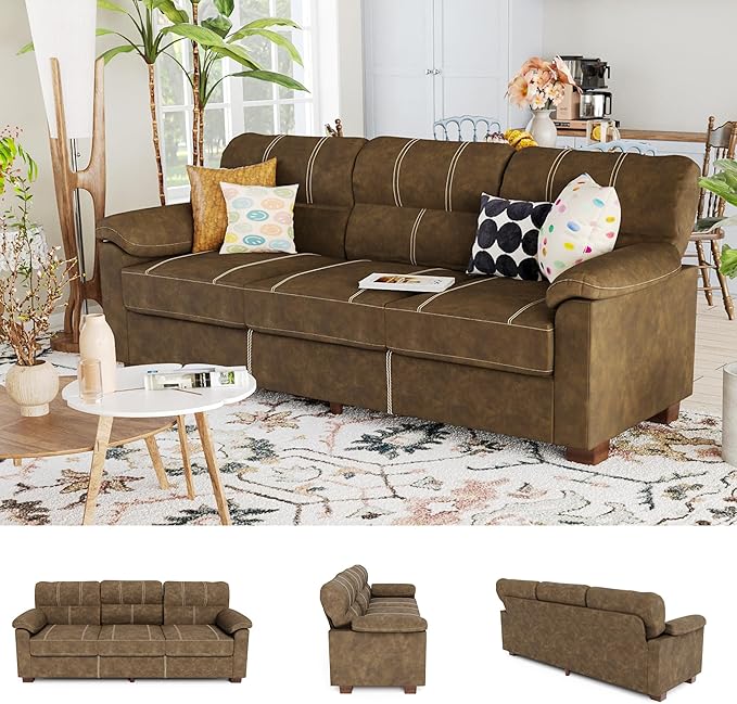 80 Inch Brown Faux Leather Sofa Couch - Wide Armrests with 2 Pillows, Deep Seats, Contrast Stitching, 3 Seater Leather Couches for Living Room, Bedroom, Apartment