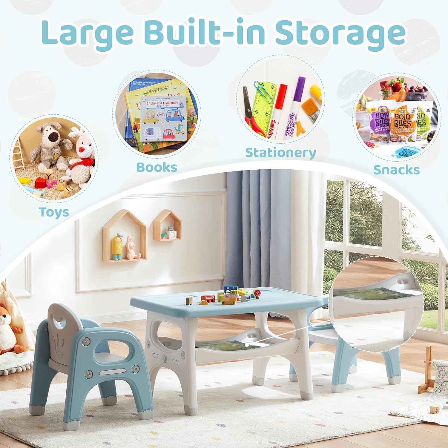 Kids Table and Chairs Set, Activity Table with 2 Chairs for Ages 3-6, Toddler Table and Chair Set Ideal for Reading, Drawing, Dining, Arts Crafts,Gifts for Kids (Blue)
