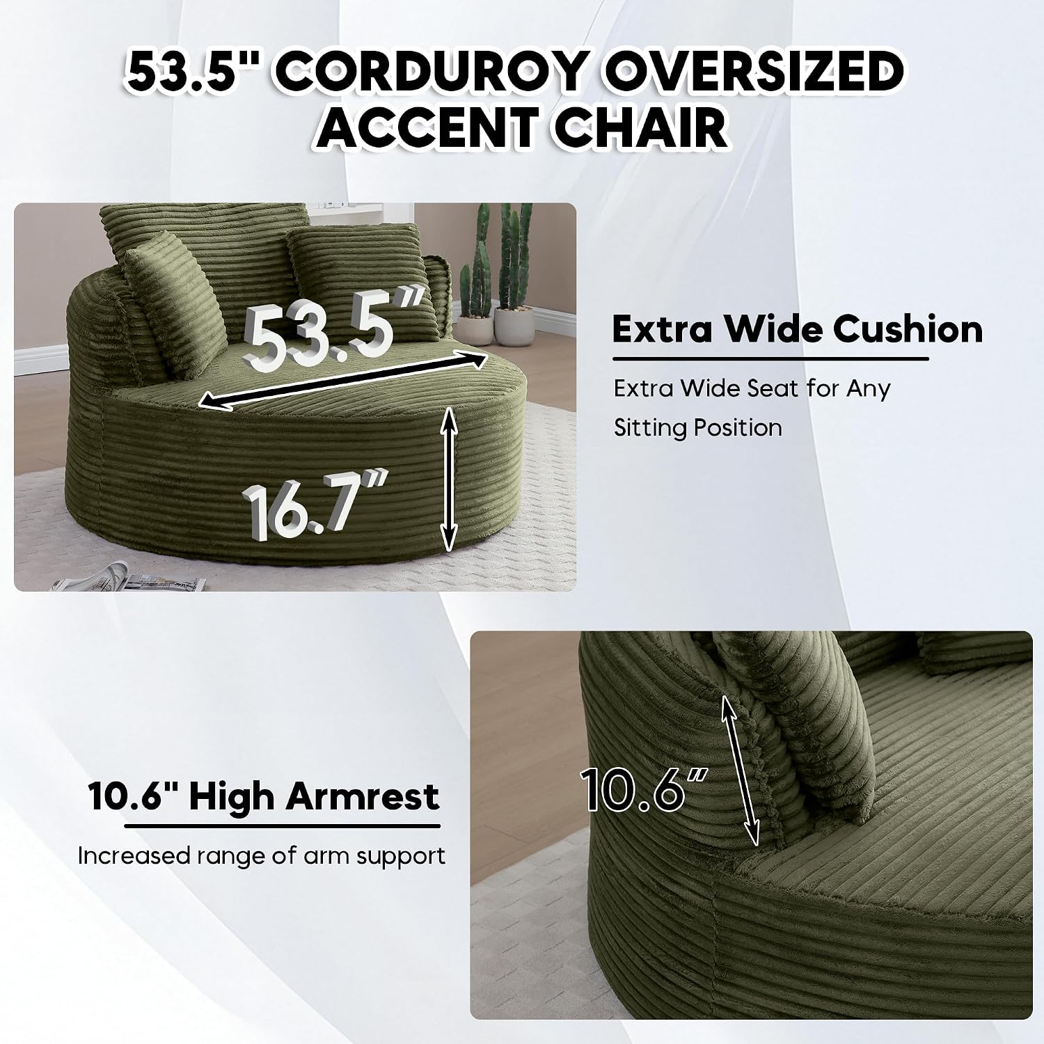 Oversized Round Chair Lounge Chaise Indoor, 53.5" Upholstered Corduroy Deep Seat Single Cloud Sofa Chair, Fluffy Modern Large Circle Boneless Sleeper Sofa for Living Room, Bedroom, Green