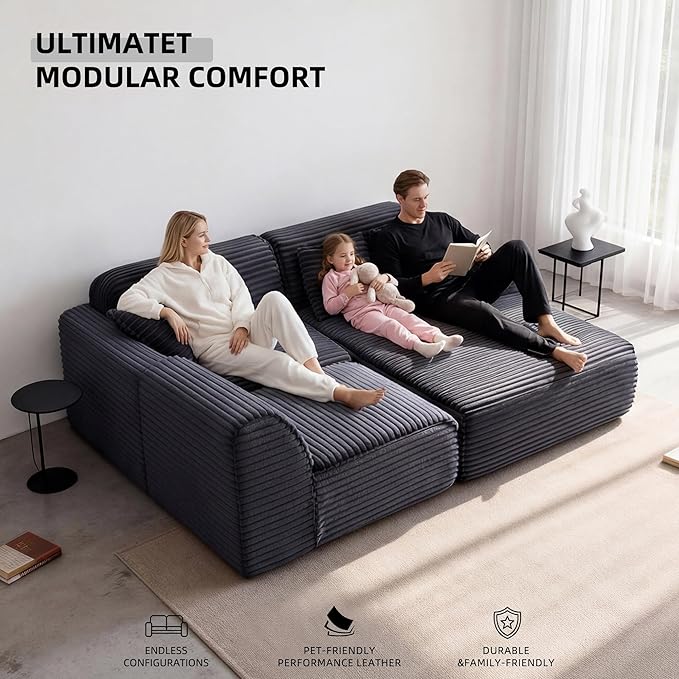 Modular Floor Sofa, Cozy Corduroy Sectional Couch with Fully Washable Covers, Frameless L Shaped Couch for Living Room, Family & Pet Friendly Lounge, No Assembly (Black, Right Facing Chaise)