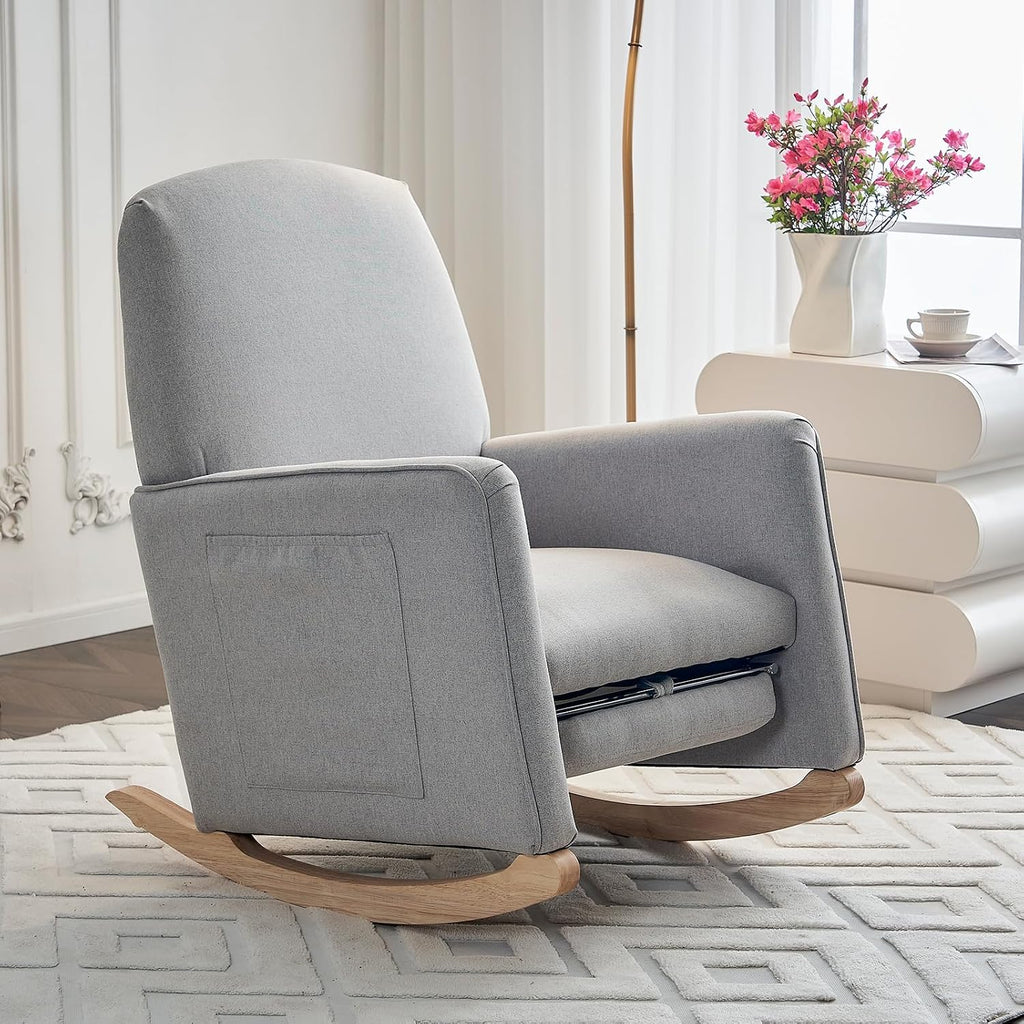 Rocking Chair Nursery with Foot Rest, Nursing Rocking Chair with High Backrest, Glider Rocker Chair for Living Room, Bedroom, Nursery(Cotton Linen Light Gray)
