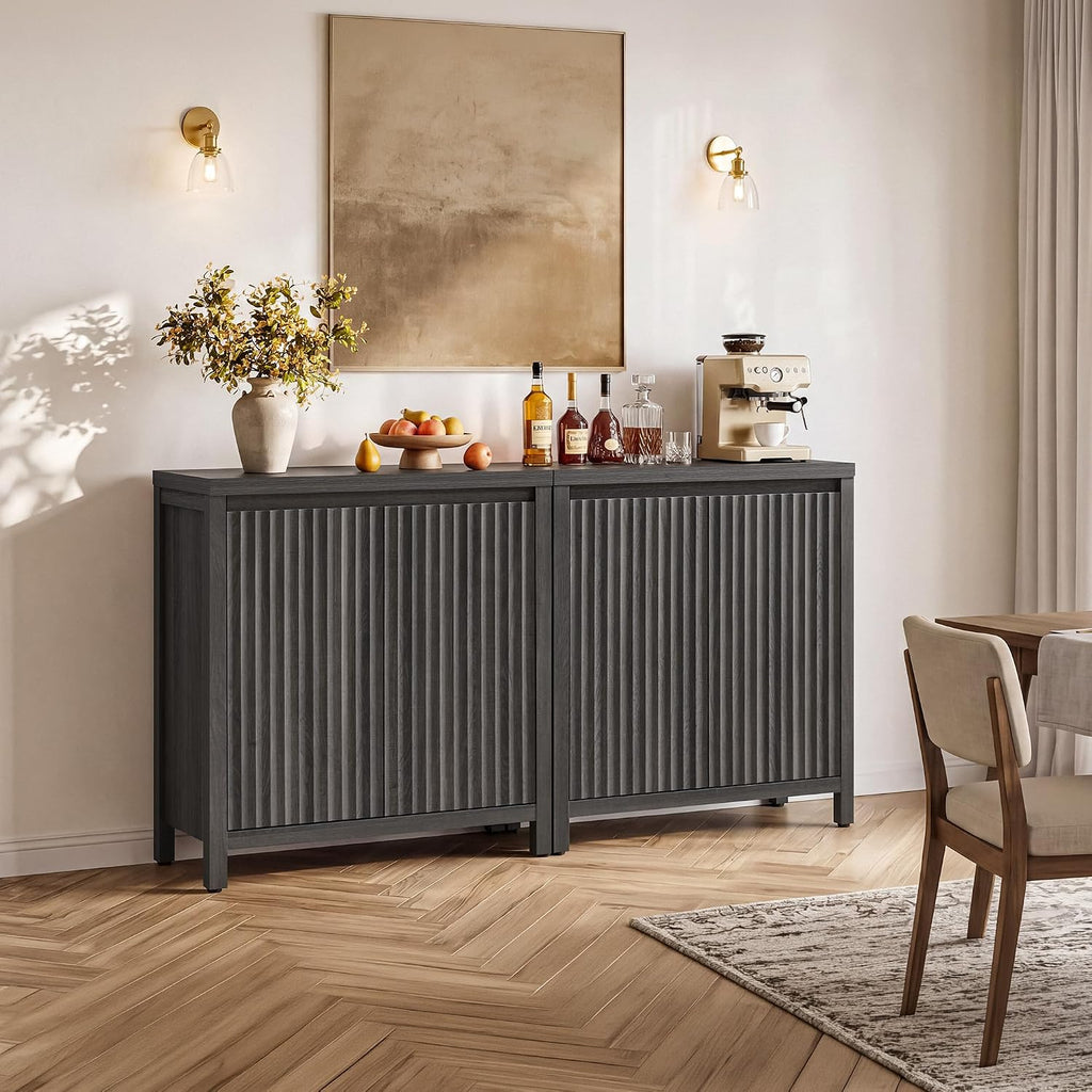 SICOTAS Sideboard Buffet Cabinet with Storage, Fluted Credenza Buffet Table | Console Cabinet with Adjustable Shelves, Modern Coffee Bar Storage Cabinet for Kitchen, Living Room, Black Oak, 2 PCS