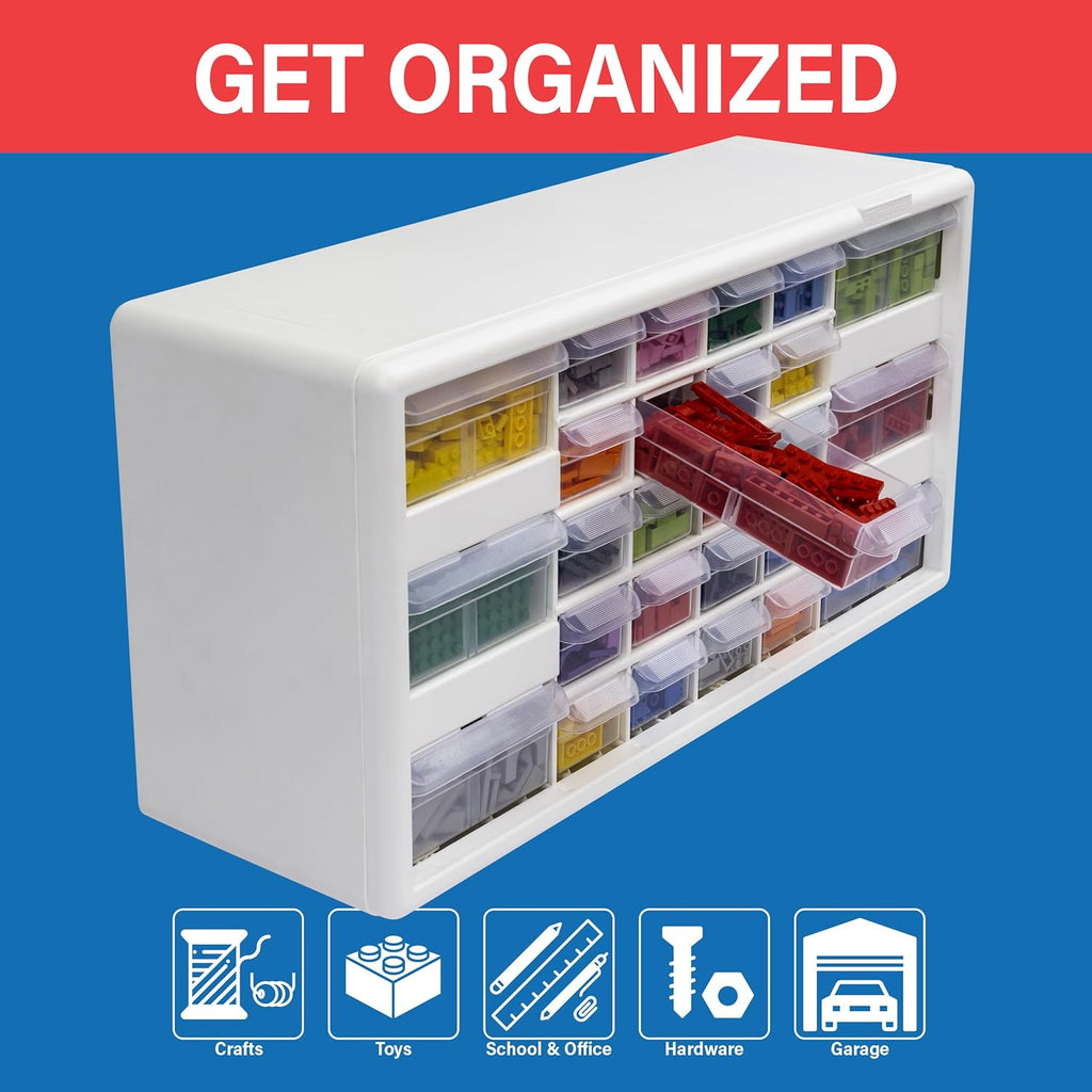 Akro-Mils 26-Drawer Plastic Drawer Storage Cabinet for Garage Organization, Bead Organizer, Building Bricks Storage, Teacher Toolbox, Makeup Organizer, 20" W x 6" D x 10" H, 10124 White