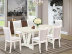 East West Furniture V027MZ001-7 7 Piece Dining Set Consist of a Rectangle Dining Room Table with V-Legs and 6 Cream Linen Fabric Upholstered Parson Chairs, 40x72 Inch, Multi-Color