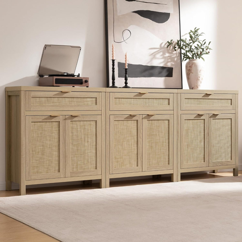 SICOTAS Sideboard Buffet Storage Cabinet Set of 2, Rattan Credenza Buffet