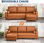GarveeHome 88.9" L-Shape Sofa with Convertible Chaise, Sectional Leather Sofa with Deep Seat, Mid-Century Modern Sofa for Living Room, 3 Seat Leather Couch, Cognac Tan