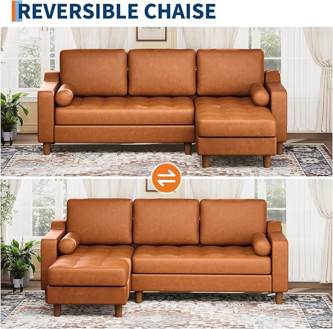 GarveeHome 88.9" L-Shape Sofa with Convertible Chaise, Sectional Leather Sofa with Deep Seat, Mid-Century Modern Sofa for Living Room, 3 Seat Leather Couch, Cognac Tan