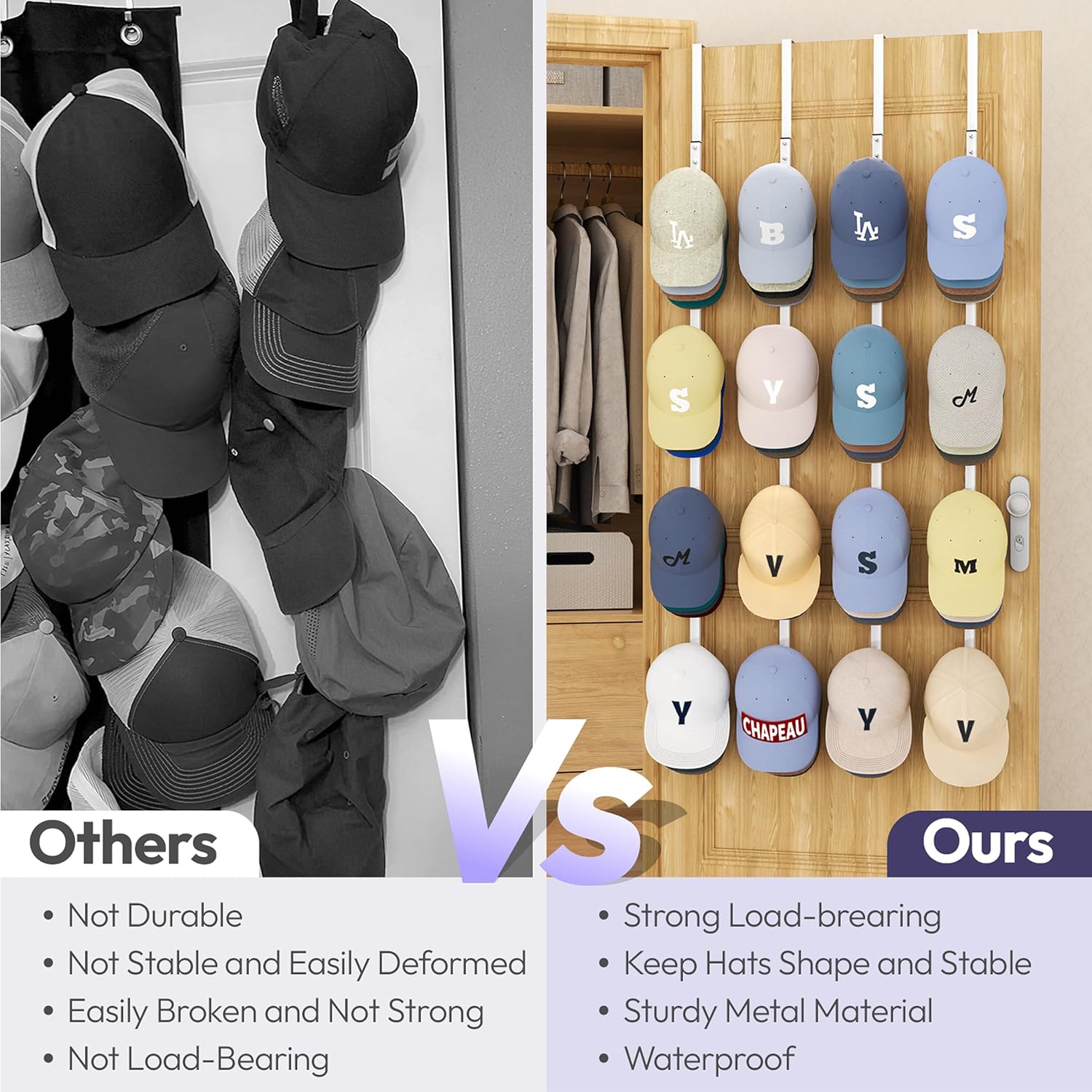 SWTYMIKI Over Door Hat Organizer - 4 Packs Metal Hanging Hat Rack with 16 Hooks Design, Baseball Cap Hanger Organizer Storage Holds up to 80 Caps for Door, Bedroom, Closet