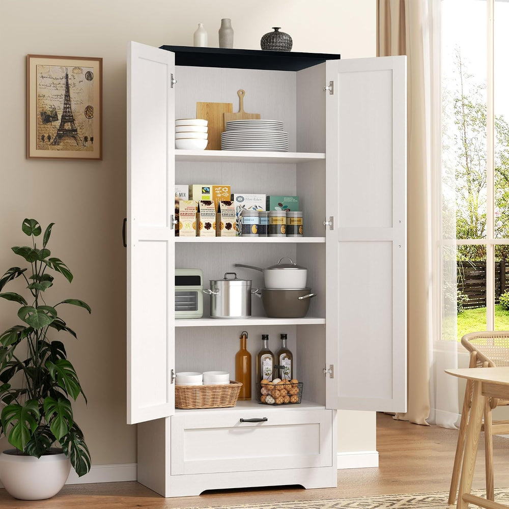 Vongrasig Kitchen Pantry Storage Cabinet with Barn Doors, Drawer and Adjustab...