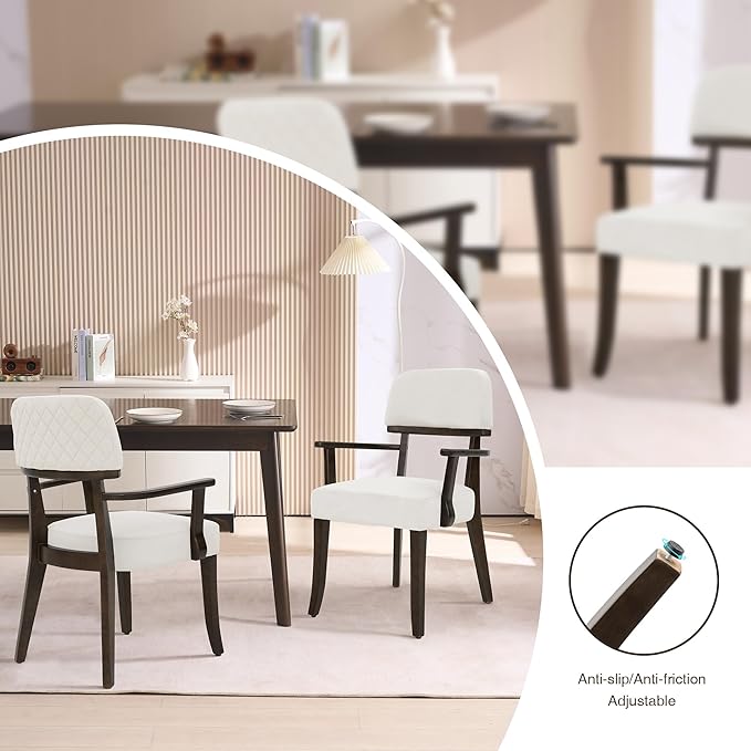 Modern Wood Dining Chairs with Arms Set of 4, Velvet Upholstered Kitchen Chairs with Open Curved Backrest & Black Hardwood Legs, Accent Chairs 350 LBS Capacity, White