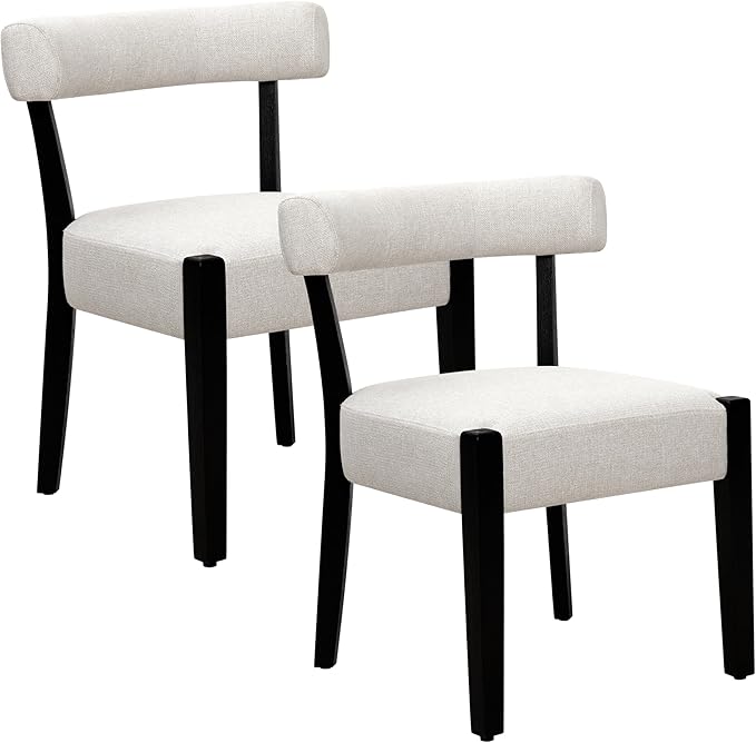 Modern Dining Chairs Set of 2, Upholstered Kitchen & Dining Room Chairs, Mid Century Modern Wooden Dining Chairs Oversized Sturdy Fabric Rounded Chairs Curved Back, Black and Beige