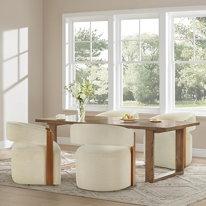 Upholstered Dining Chairs with Casters, Modern Barrel Side Armchair with Rollers & Wooden Armrest for Dining Room, Bedroom, Kitchen, Reading Room, Sand, Set of 4