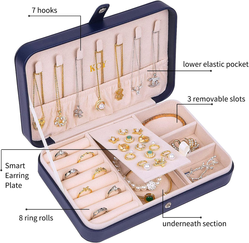KCY Travel Jewelry Organizer Box for Women Girls, Small Travel Jewelry Case, PU Leather Portable Jewellery Storage Boxes Display Holder for Ring Earrings Necklace Bracelet Bangle, Gifts,Dark-blue