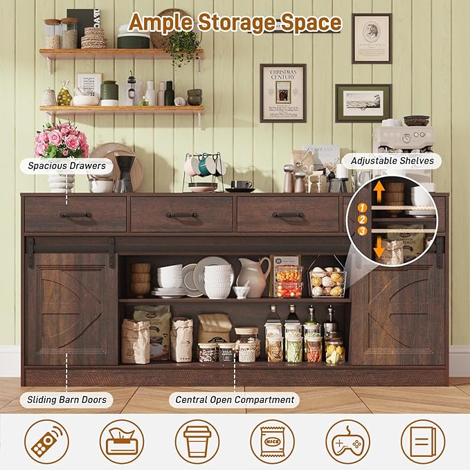 St.Mandyu 70" Large Farmhouse TV Stand for 85/80/75/70 Inch TVs w/4 Drawers,Rustic Tall Media Console w/Sliding Barn Door, Adjustable Shelves,Tall Entertainment Center for Living Room,Brown