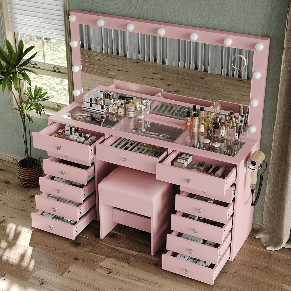 FUSOU Makeup Vanity with Power Outlet & Lighted Mirror, 13 Drawers Vanity...