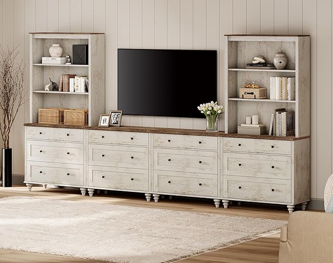 WAMPAT Entertainment Center with Bookshelves for TVs up to 75", Farmhouse Wall Unit TV Stand with Drawers, Media Console Table for Living Room, Bedroom & Home Theater, Rustic White