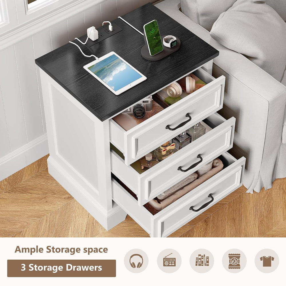 21.7W Farmhouse Nightstand Set of 2 with Charging Station,White End Table wit...