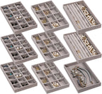 Frebeauty Jewelry Organizer Tray,Stackable Velvet Jewelry Trays,Drawer Inserts Earring Organizer For Women Jewelry Storage Display Case for Rings Stud Necklaces,Set of 9(Grey)