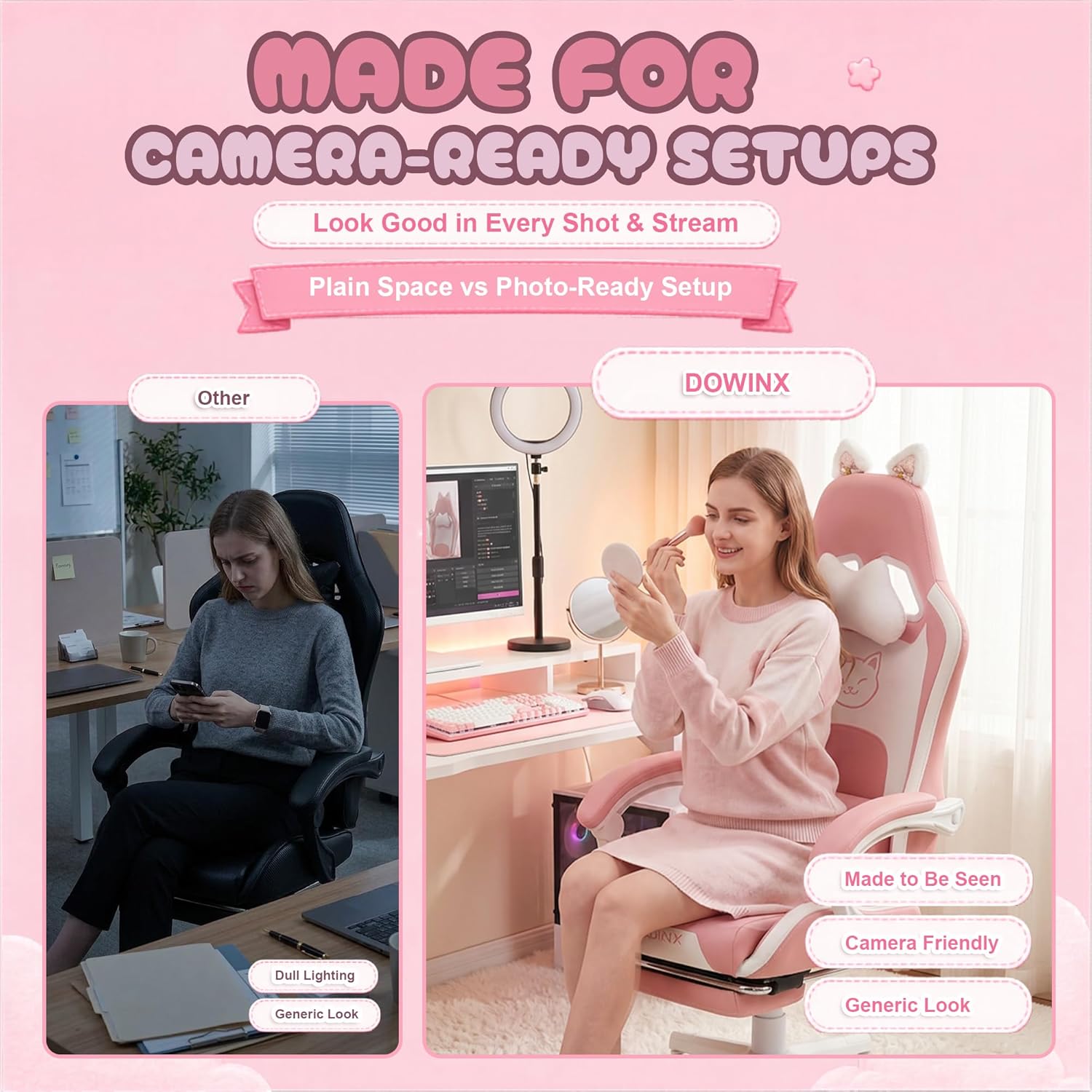 Dowinx Pink Gaming Chair with Cat Ears and Massage Lumbar Support, Ergonomic Computer Chair with Footrest and Headrest, Comfortable Reclining Game Chair 290lbs for Adults, Pink