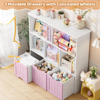 FOTOSOK Toy Storage Organizer with Movable Drawers, Toy Organizer for Kids | Toy Organizer with Hidden Wheels, Toy Storage and Stuffed Animal Storage for Playroom, Cube Storage Organizer, Pink