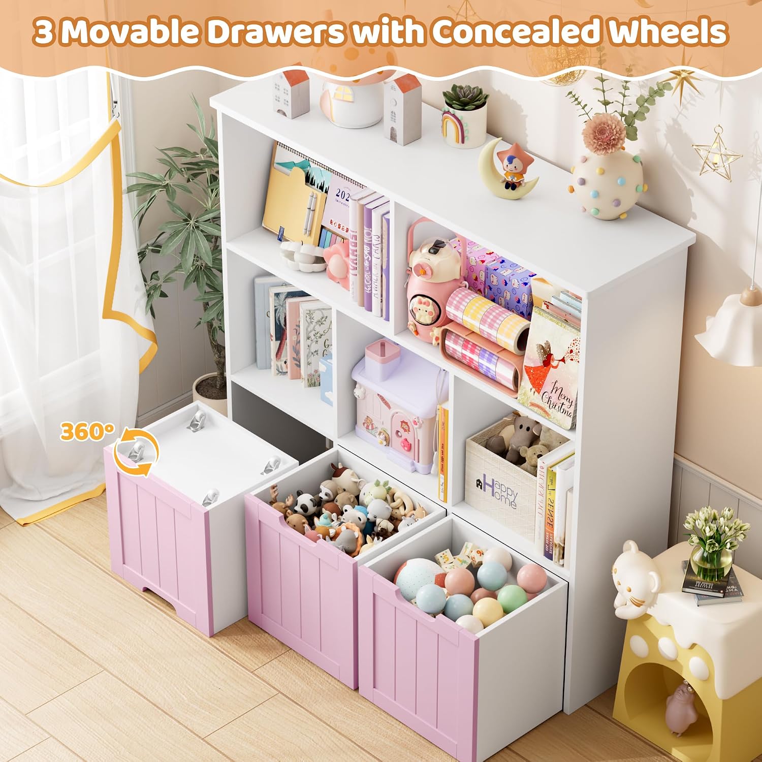 FOTOSOK Toy Storage Organizer with Movable Drawers, Toy Organizer for Kids | Toy Organizer with Hidden Wheels, Toy Storage and Stuffed Animal Storage for Playroom, Cube Storage Organizer, Pink